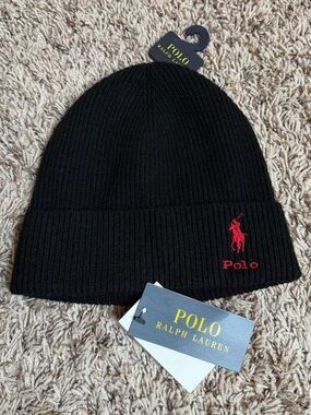 NWT Polo Ralph Lauren Signature Pony Black Wool Blend Winter Hat Beanie